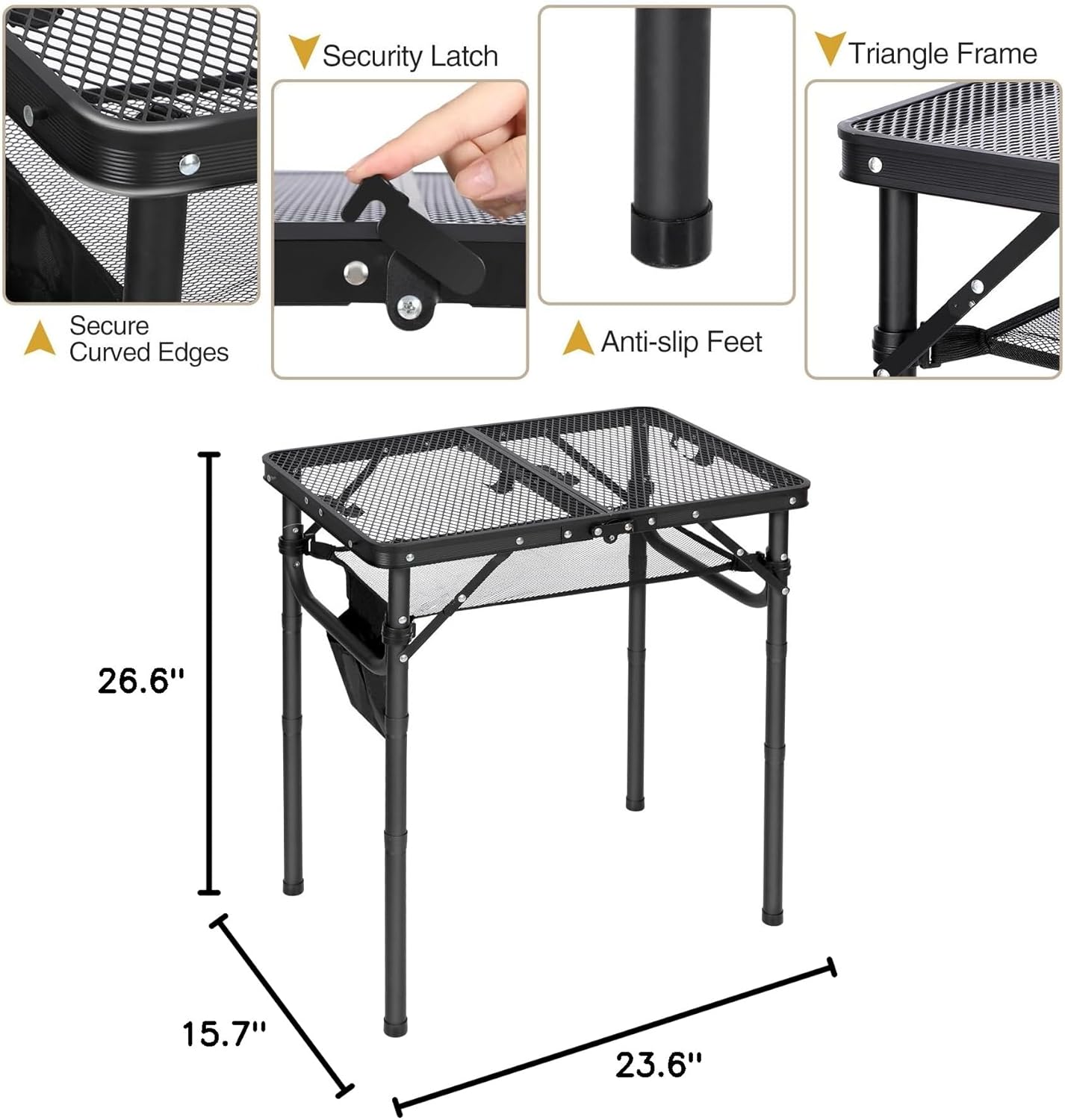 Small Folding Grill Table for Outside, 3 Heights Adjustable Lightweight Portable Metal Aluminum Outdoor Grill Table for Camping Picnic Cooking BBQ, Black 24X16 Inches
