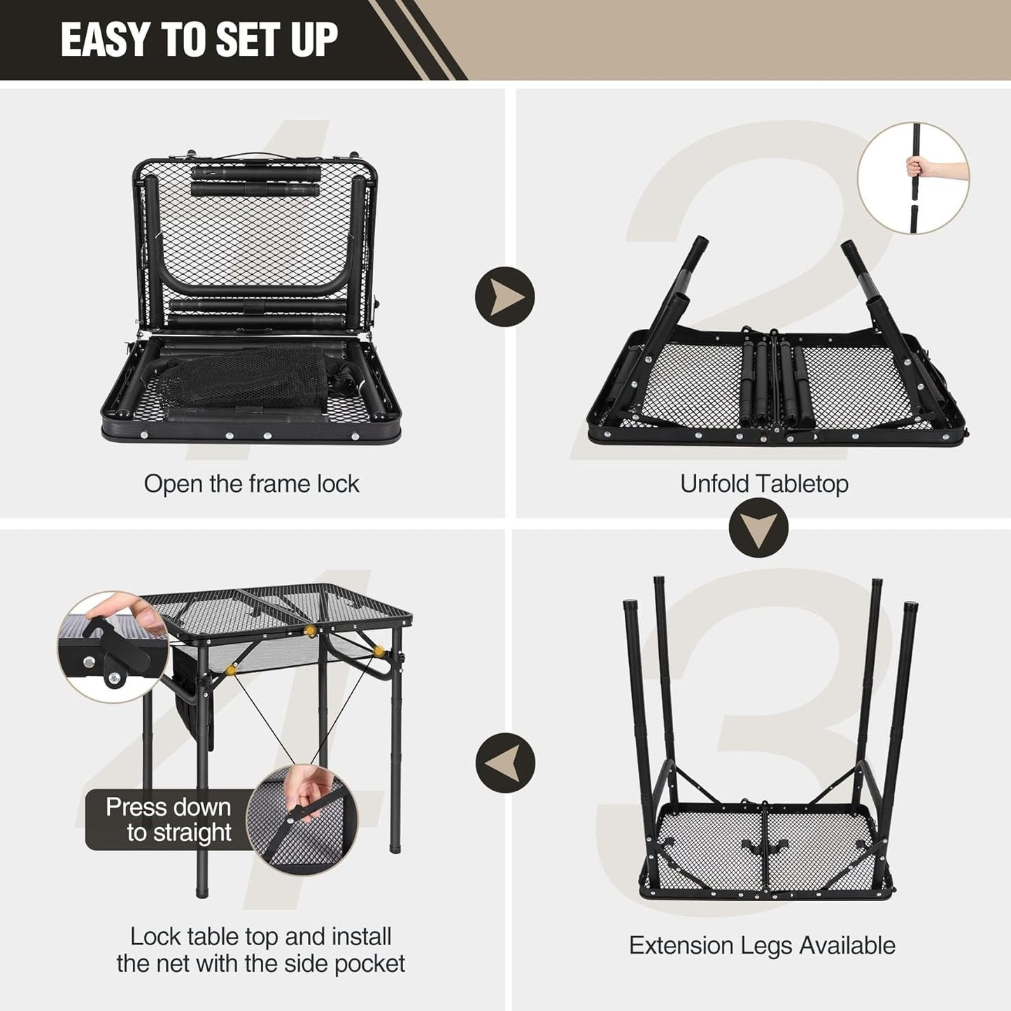 Small Folding Grill Table for Outside, 3 Heights Adjustable Lightweight Portable Metal Aluminum Outdoor Grill Table for Camping Picnic Cooking BBQ, Black 24X16 Inches