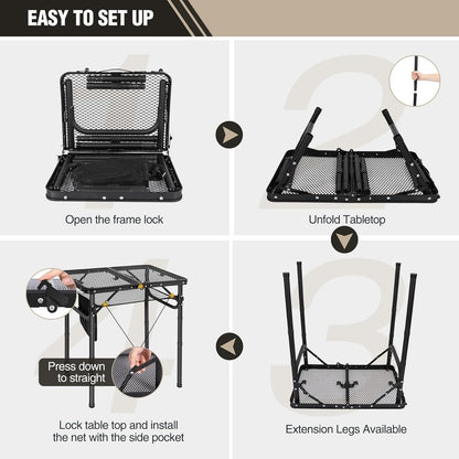 Small Folding Grill Table for Outside, 3 Heights Adjustable Lightweight Portable Metal Aluminum Outdoor Grill Table for Camping Picnic Cooking BBQ, Black 24X16 Inches