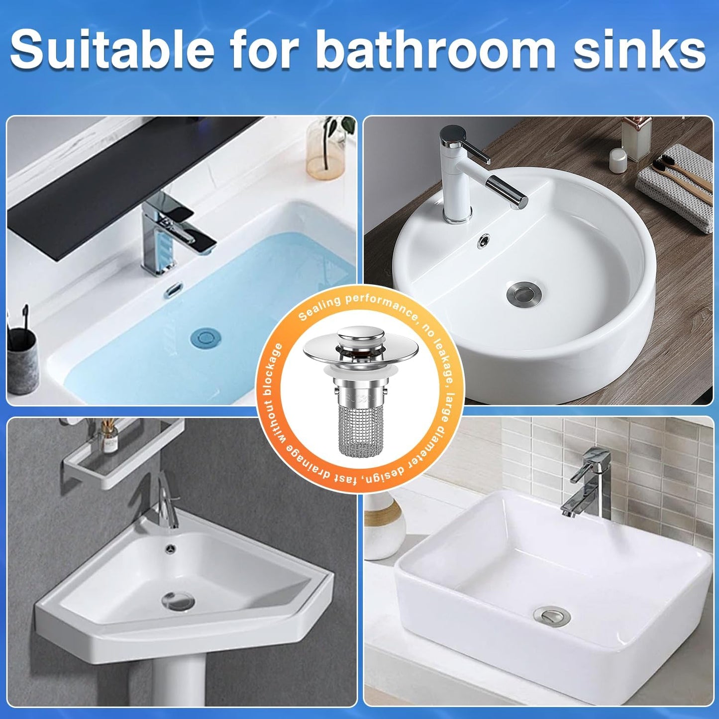 Sink Stopper Hair Catcher,(2Pcs) Pop-Up Sink Drain Strainer with Removable Stainless Steel Strainer Basket Hair Catcher, Bathroom Sink Strainer for Bathroom Sink Stopper Replacement