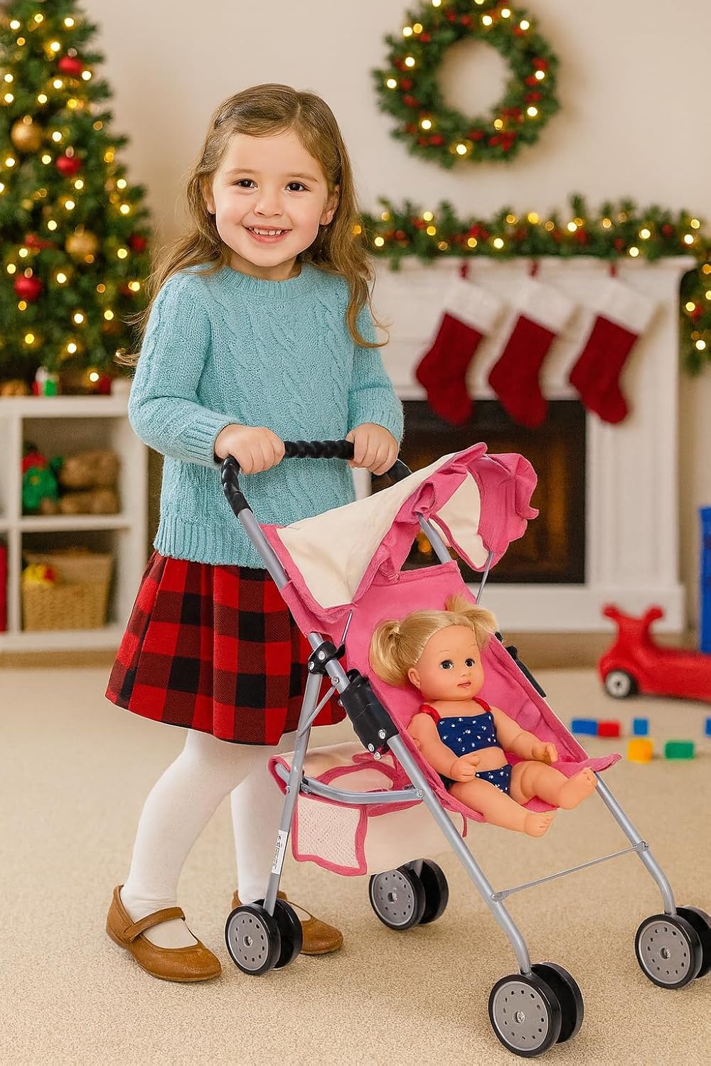 My First Doll Stroller with Basket - Pink Off-White Foldable Doll Stroller - Fits Upto 18" Dolls, 2 Free Magic Bottles Included
