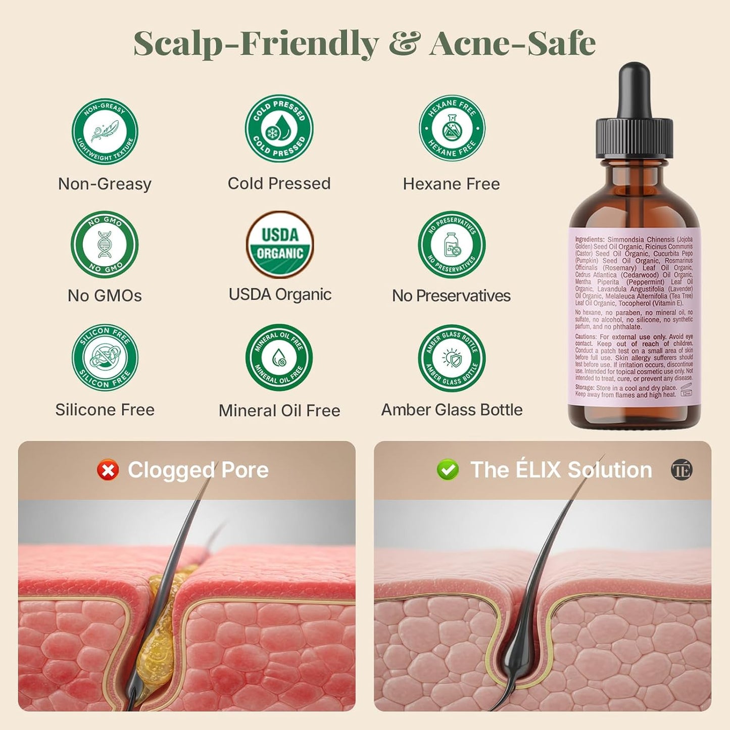 Transform Your Hair with ÉLIX USDA Organic Rosemary Oil - Nourishing Thickening Formula for Hair Growth with Castor & Pumpkin Seed - Perfect for Thinning Hair, Made in the USA - 4Oz