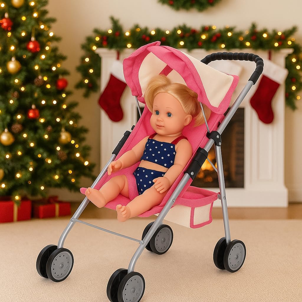 My First Doll Stroller with Basket - Pink Off-White Foldable Doll Stroller - Fits Upto 18" Dolls, 2 Free Magic Bottles Included