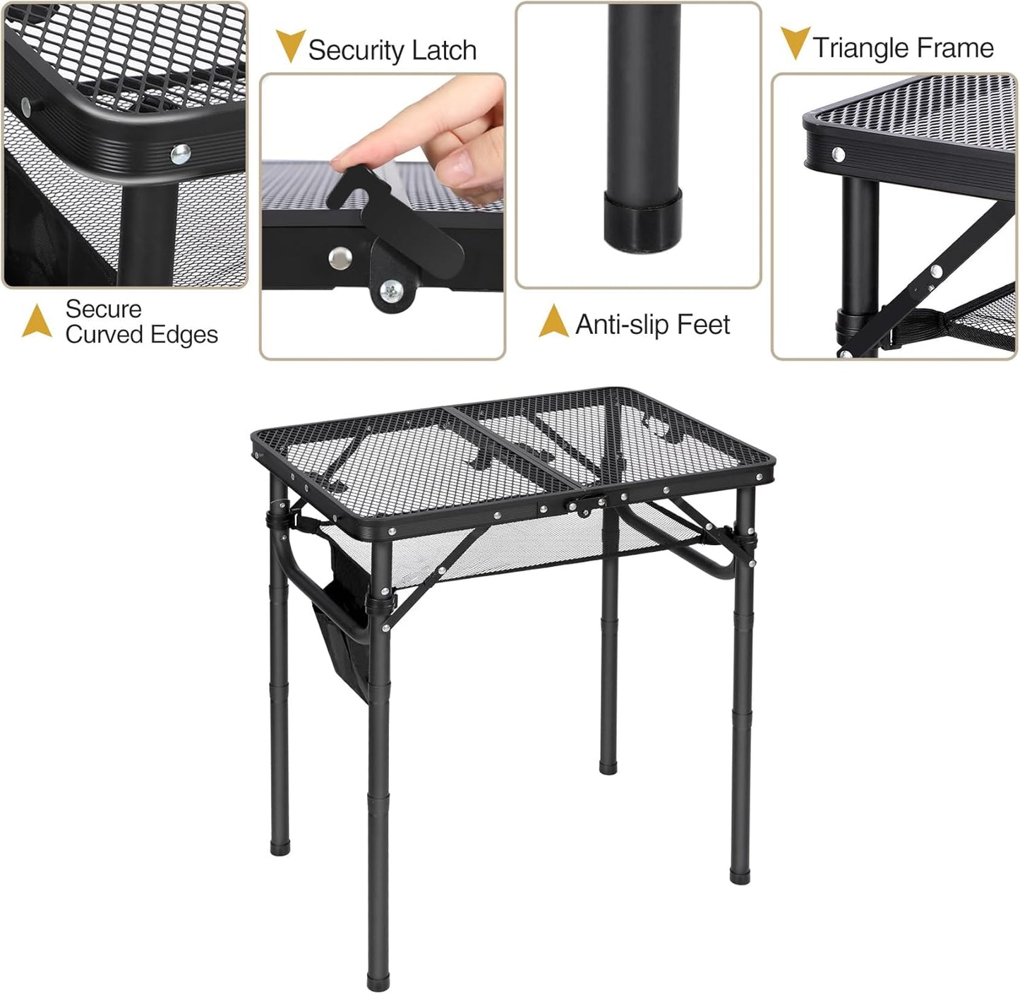 Small Folding Grill Table for Outside, 3 Heights Adjustable Lightweight Portable Metal Aluminum Outdoor Grill Table for Camping Picnic Cooking BBQ, Black 24X16 Inches