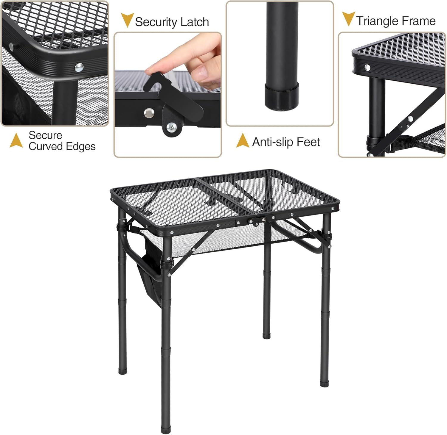 Small Folding Grill Table for Outside, 3 Heights Adjustable Lightweight Portable Metal Aluminum Outdoor Grill Table for Camping Picnic Cooking BBQ, Black 24X16 Inches