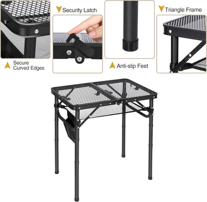 Small Folding Grill Table for Outside, 3 Heights Adjustable Lightweight Portable Metal Aluminum Outdoor Grill Table for Camping Picnic Cooking BBQ, Black 24X16 Inches