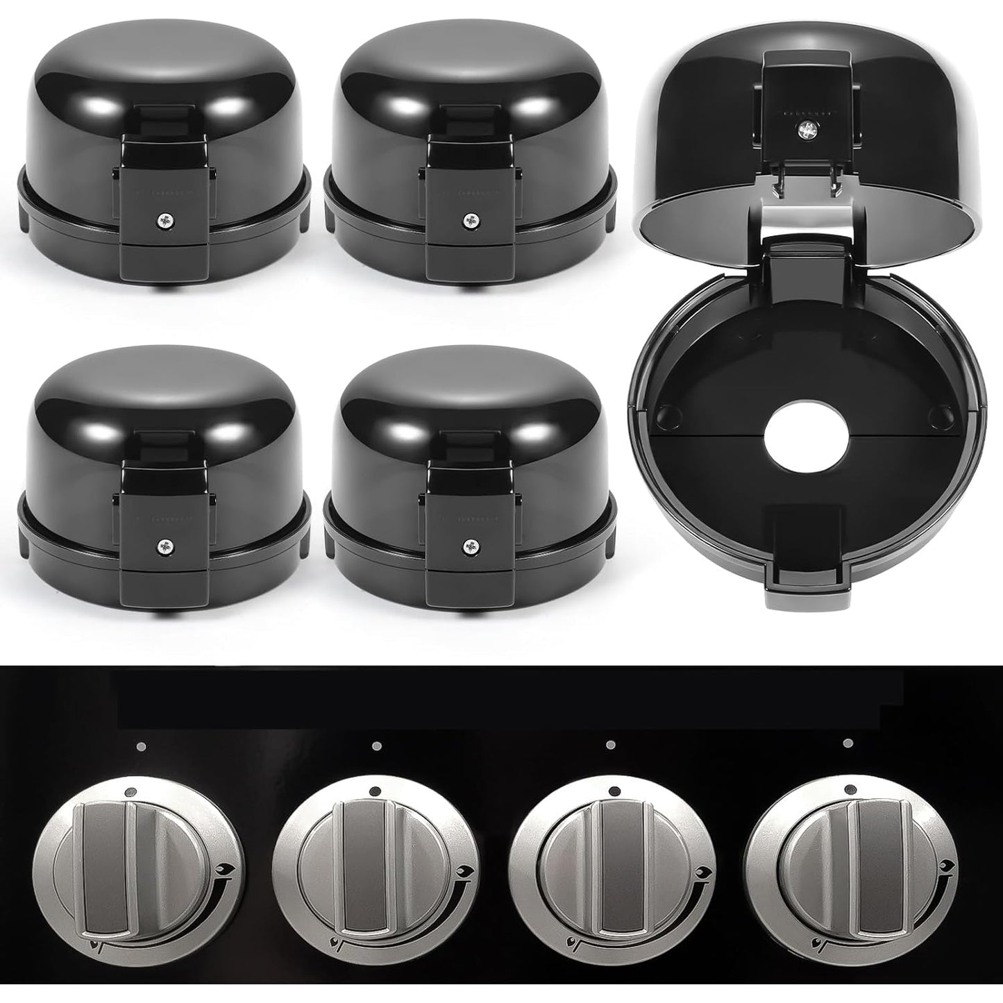 Stove Knob Safety Covers, for Knob Diameter Less than 2.4", Unlock with Adult Two-Finger, Dual-Key Press Gas Stove Knob Locks, Upgraded Oven Lock Knob Covers for Child Safety, Black Color, Pack of 5