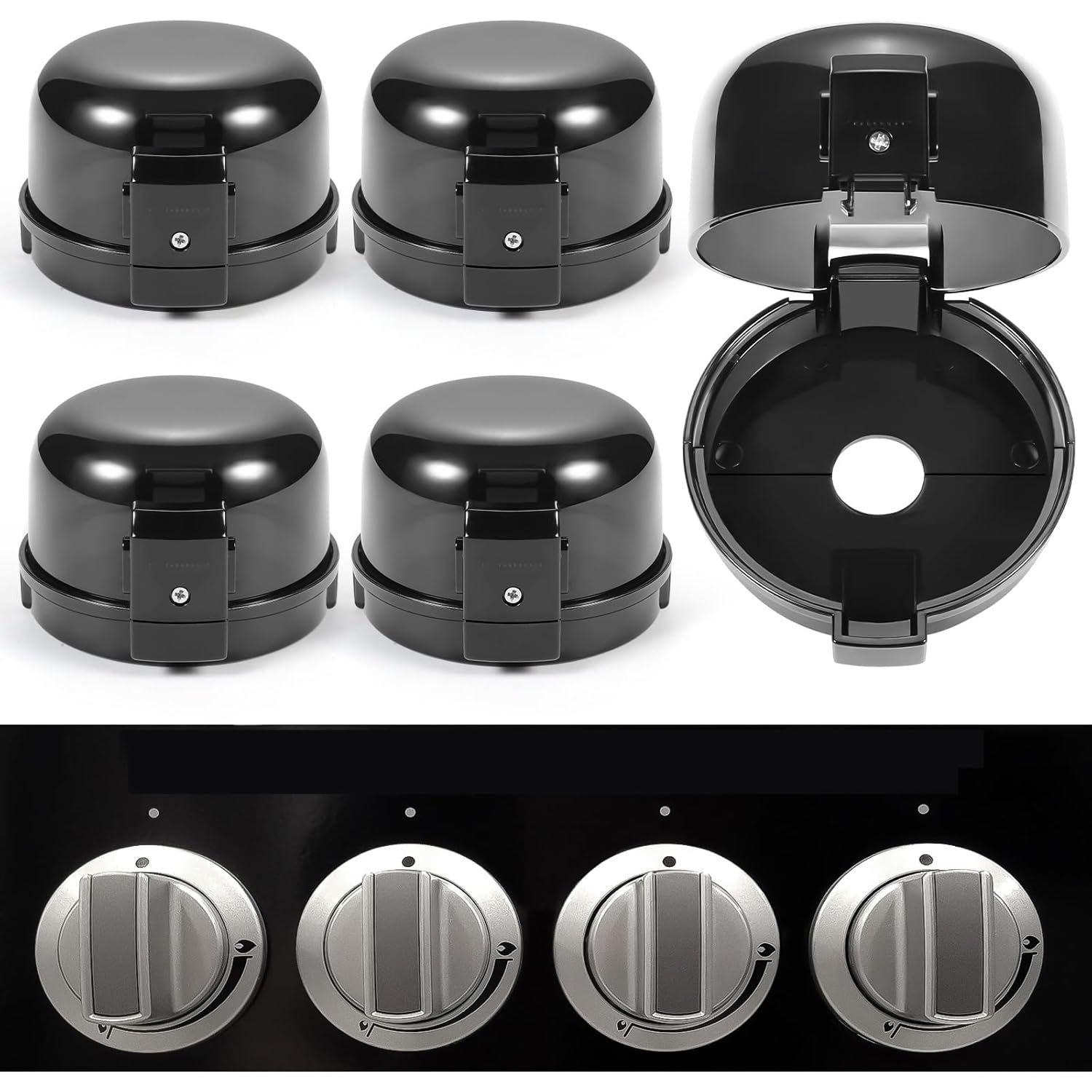 Stove Knob Safety Covers, for Knob Diameter Less than 2.4", Unlock with Adult Two-Finger, Dual-Key Press Gas Stove Knob Locks, Upgraded Oven Lock Knob Covers for Child Safety, Black Color, Pack of 5