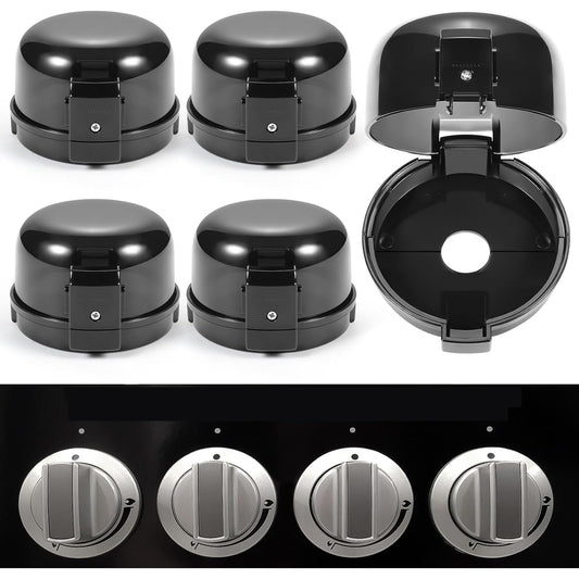 Stove Knob Safety Covers, for Knob Diameter Less than 2.4", Unlock with Adult Two-Finger, Dual-Key Press Gas Stove Knob Locks, Upgraded Oven Lock Knob Covers for Child Safety, Black Color, Pack of 5