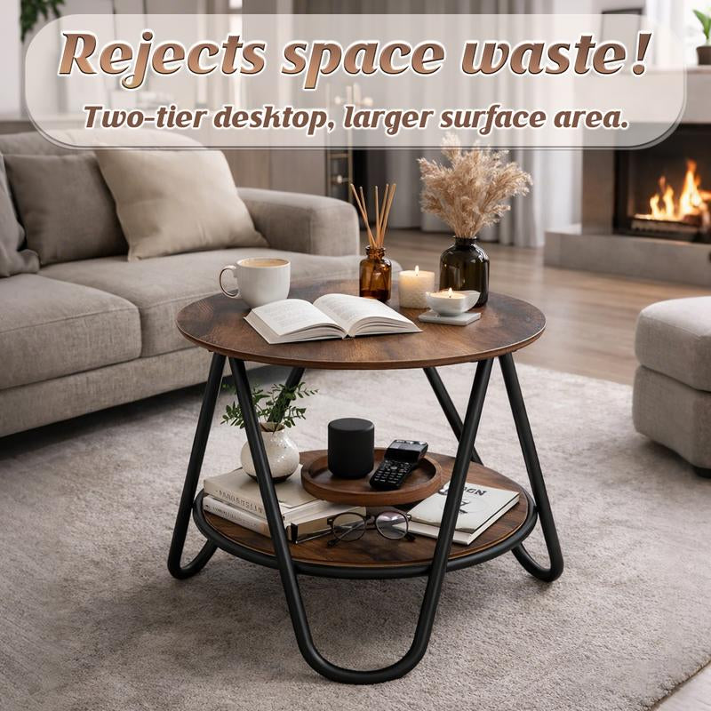 INS Style Minimalist Double Layer Wooden round Side Table Modern Small Coffee & End Table for Living Room Bedroom Apartment, Natural Wood Top with Sturdy Metal Legs 2-Tier Space Saving Accent Table for Sofa Couch Bedside Easy Assembly Aesthetic Home Decor