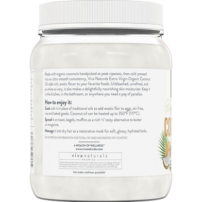 Organic Coconut Oil, 54 Fl Oz – Unrefined, Cold-Pressed Extra Virgin Coconut Oil, USDA Organic & Non-Gmo, Natural Cooking Oil, Hair Oil & Skin Oil