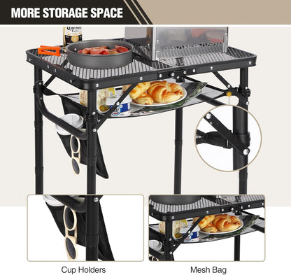 Small Folding Grill Table for Outside, 3 Heights Adjustable Lightweight Portable Metal Aluminum Outdoor Grill Table for Camping Picnic Cooking BBQ, Black 24X16 Inches