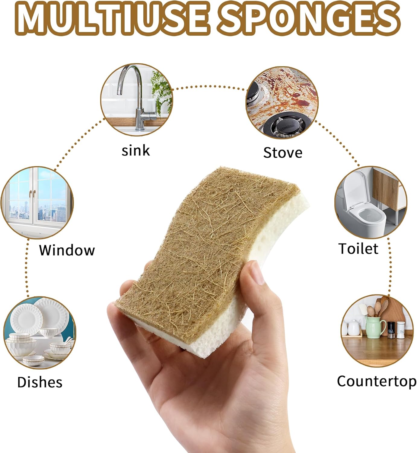 12 Pack Non Scratch S-Shaped Natural Kitchen Sponges - Biodegradable & Compostable Cellulose with Coconut Fiber - Eco Friendly Dish Sponges for Pots, Pans & Household Cleaning