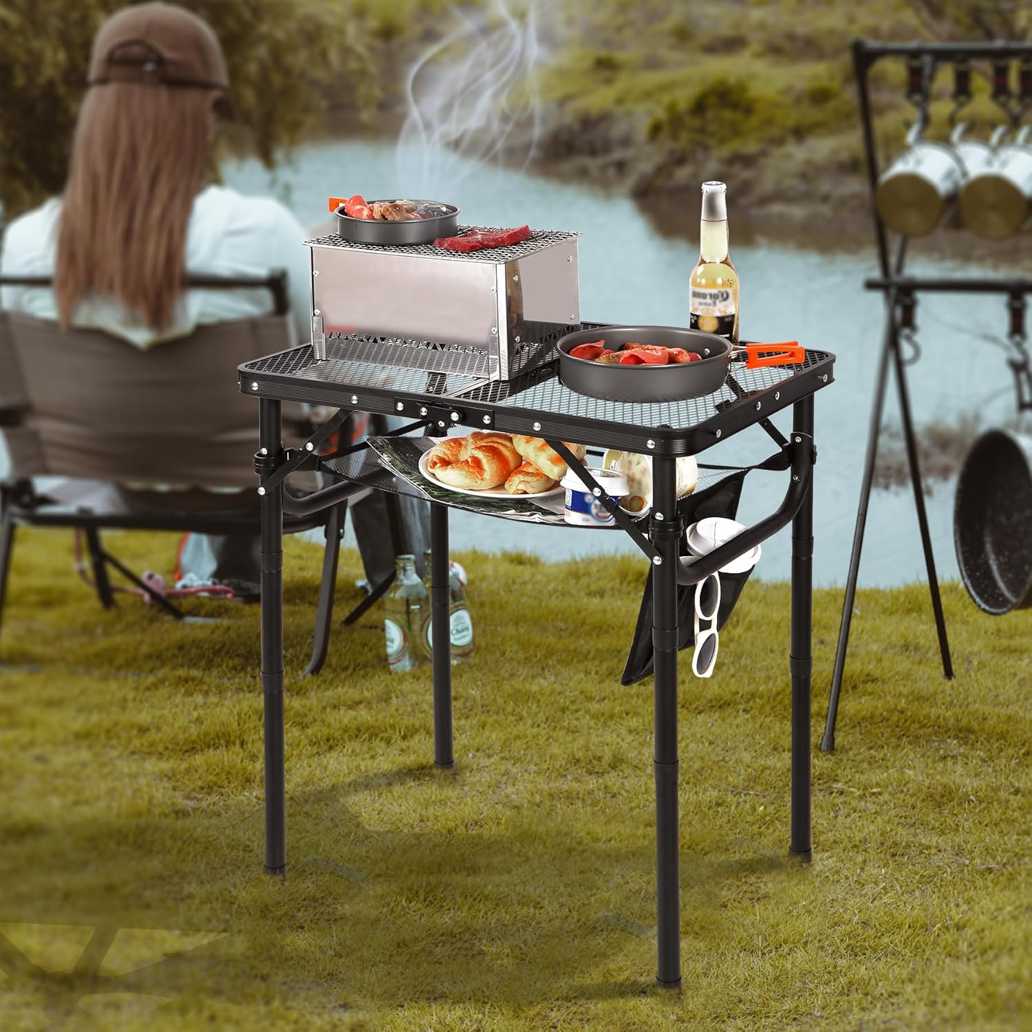 Small Folding Grill Table for Outside, 3 Heights Adjustable Lightweight Portable Metal Aluminum Outdoor Grill Table for Camping Picnic Cooking BBQ, Black 24X16 Inches
