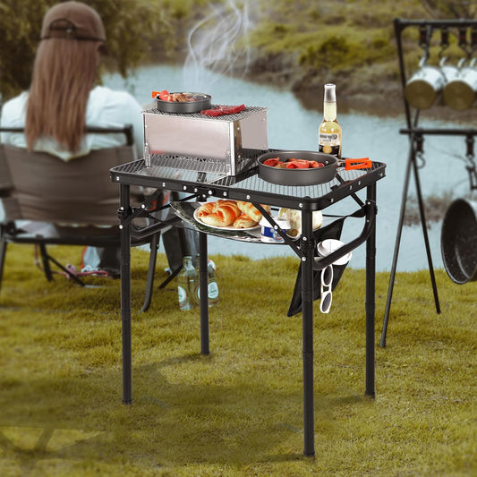 Small Folding Grill Table for Outside, 3 Heights Adjustable Lightweight Portable Metal Aluminum Outdoor Grill Table for Camping Picnic Cooking BBQ, Black 24X16 Inches