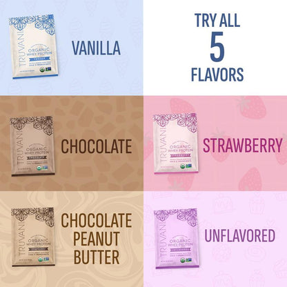 Truvani Organic Whey Protein Sample Pack - 5 Flavors - 20G Protein - No Stevia - 2G Sugar - USDA Organic