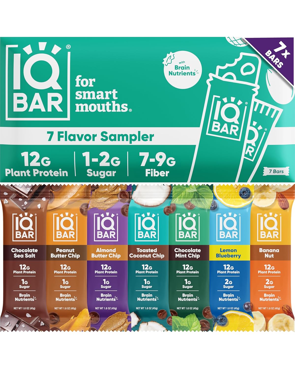 Brain and Body Plant Protein Bars - 7 Bar Sampler Variety Pack - Keto, Vegan, Low Carb, High Fiber, Gluten Free, Dairy Free, Low Sugar Snack with Nutrients for Focus, Energy and Meal Replacement