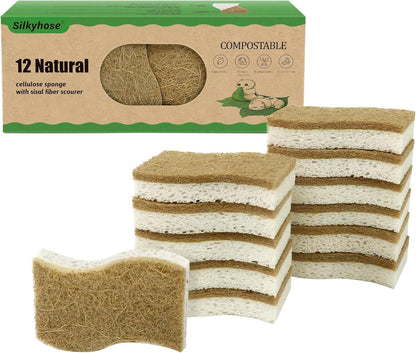 12 Pack Non Scratch S-Shaped Natural Kitchen Sponges - Biodegradable & Compostable Cellulose with Coconut Fiber - Eco Friendly Dish Sponges for Pots, Pans & Household Cleaning