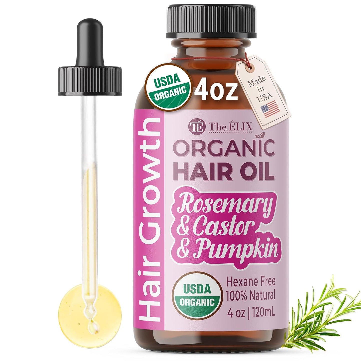 Transform Your Hair with ÉLIX USDA Organic Rosemary Oil - Nourishing Thickening Formula for Hair Growth with Castor & Pumpkin Seed - Perfect for Thinning Hair, Made in the USA - 4Oz