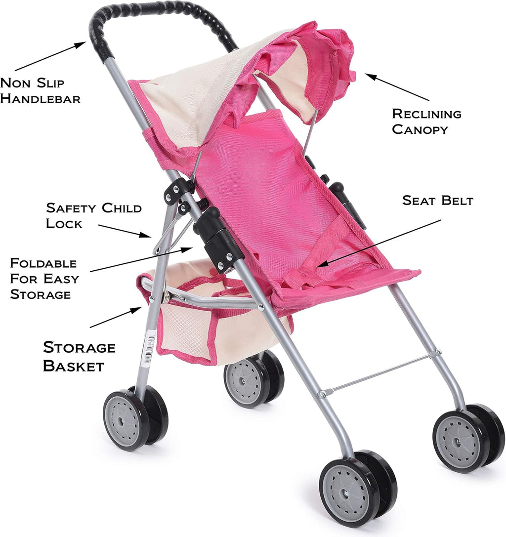 My First Doll Stroller with Basket - Pink Off-White Foldable Doll Stroller - Fits Upto 18" Dolls, 2 Free Magic Bottles Included