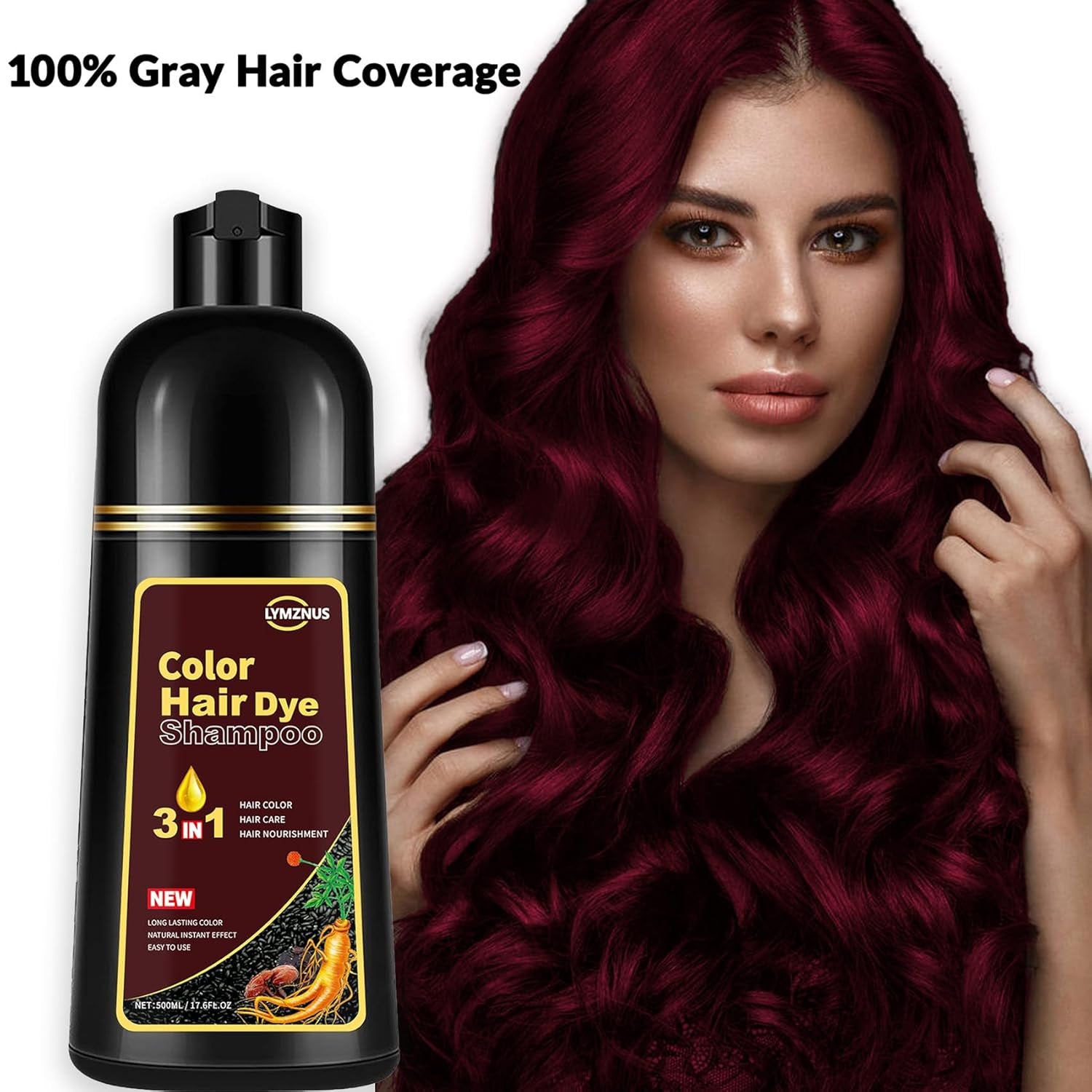 Hair Dye Shampoo 3 in 1 Dark Wine Red,Instant Hair Color Shampoo for Gray Hair Coverage for Men & Women, Burgundy Hair Shampoo and Red Hair Dye for All Hair Types 500Ml