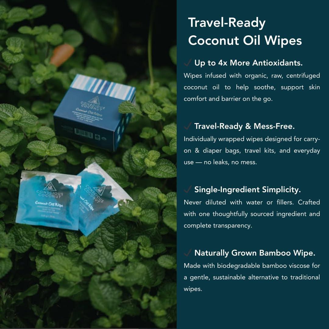 Individual Coconut Oil Wipes - for Face and Body - Soothing, Moisturizing, Sunburns, Makeup Remover, Cold-Pressed, Virgin Coconut Oil (25 Count)