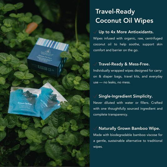 Individual Coconut Oil Wipes - for Face and Body - Soothing, Moisturizing, Sunburns, Makeup Remover, Cold-Pressed, Virgin Coconut Oil (25 Count)