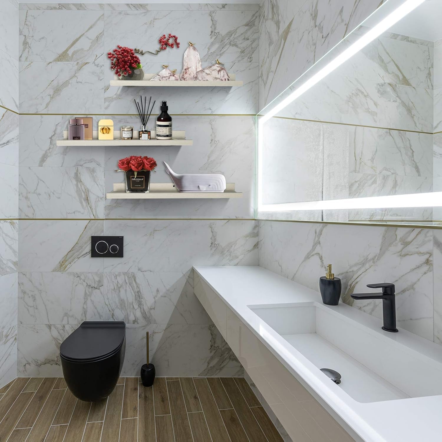 24 Inch Floating Shelves Wall Mounted Set of 3, Rustic Wooden Picture Ledge Shelf for Living Room Bathroom Bedroom Kitchen Office, Creamy White