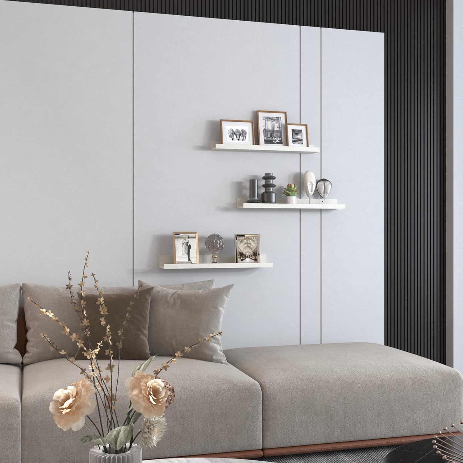 24 Inch Floating Shelves Wall Mounted Set of 3, Rustic Wooden Picture Ledge Shelf for Living Room Bathroom Bedroom Kitchen Office, Creamy White