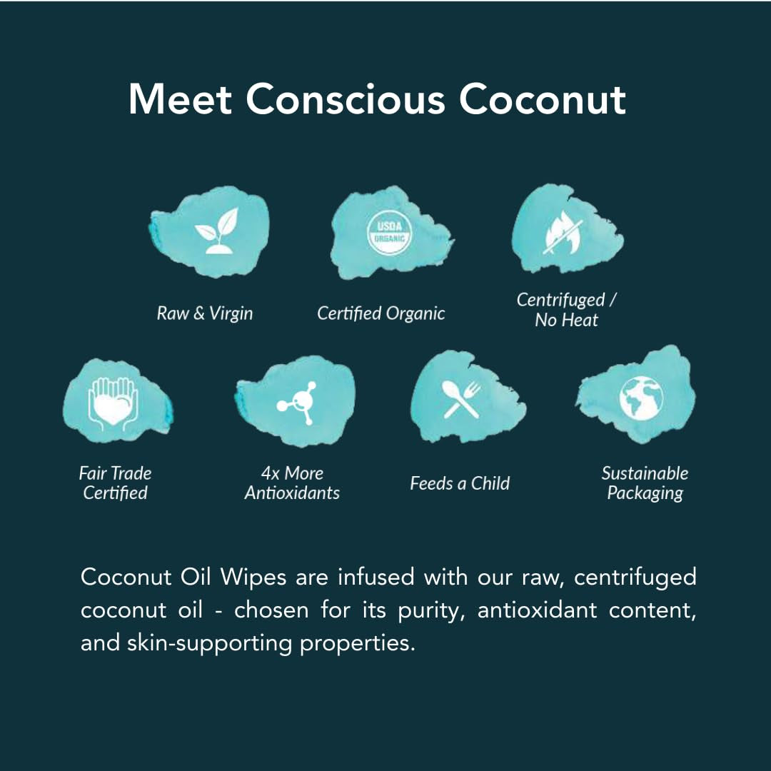 Individual Coconut Oil Wipes - for Face and Body - Soothing, Moisturizing, Sunburns, Makeup Remover, Cold-Pressed, Virgin Coconut Oil (25 Count)