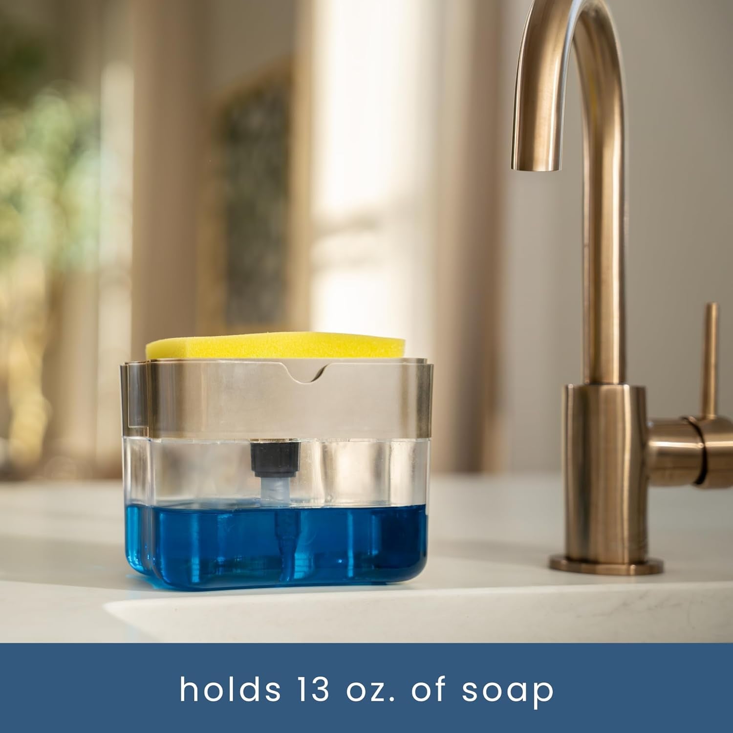 Dish Soap Dispenser and Sponge Holder for Kitchen Sink, Sponge Included, 13 Ounces, Metallic Silver