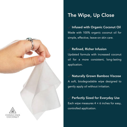 Individual Coconut Oil Wipes - for Face and Body - Soothing, Moisturizing, Sunburns, Makeup Remover, Cold-Pressed, Virgin Coconut Oil (25 Count)