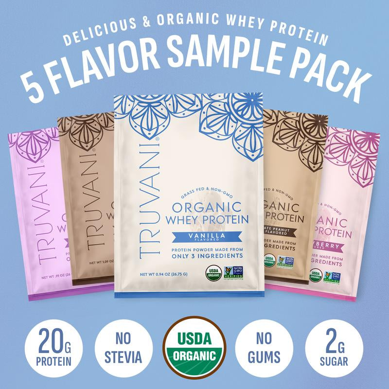 Truvani Organic Whey Protein Sample Pack - 5 Flavors - 20G Protein - No Stevia - 2G Sugar - USDA Organic