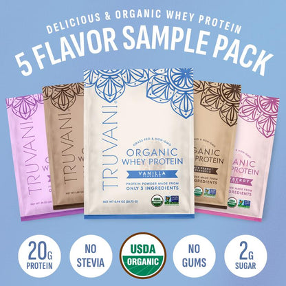 Truvani Organic Whey Protein Sample Pack - 5 Flavors - 20G Protein - No Stevia - 2G Sugar - USDA Organic