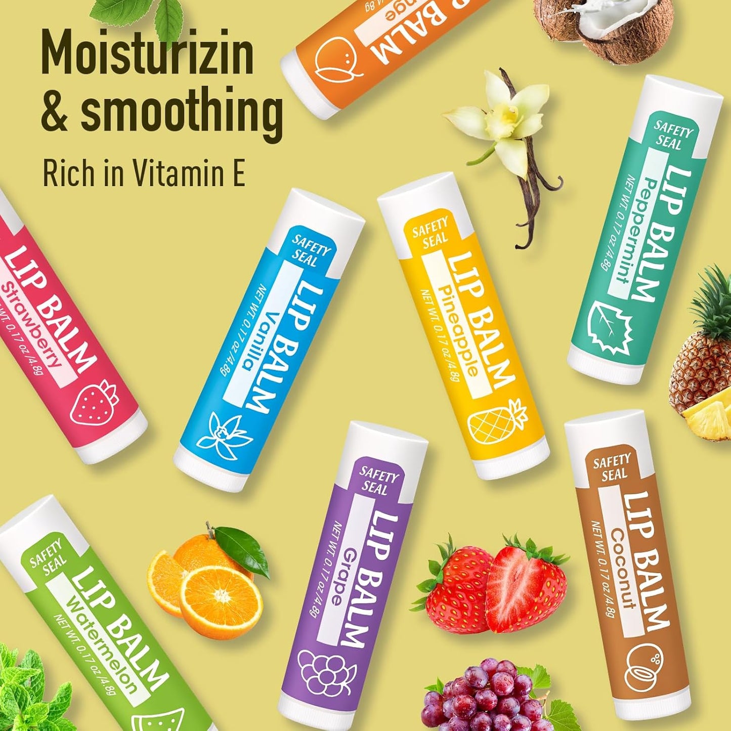 32 Pack Lip Balm, Natural Lip Balm Bulk with Vitamin E and Coconut Oil, Moisturizing Lip Balms for Dry Cracked Lips, Lip Balms for Valentines Gifts Stocking Stuffers - 8 Flavors