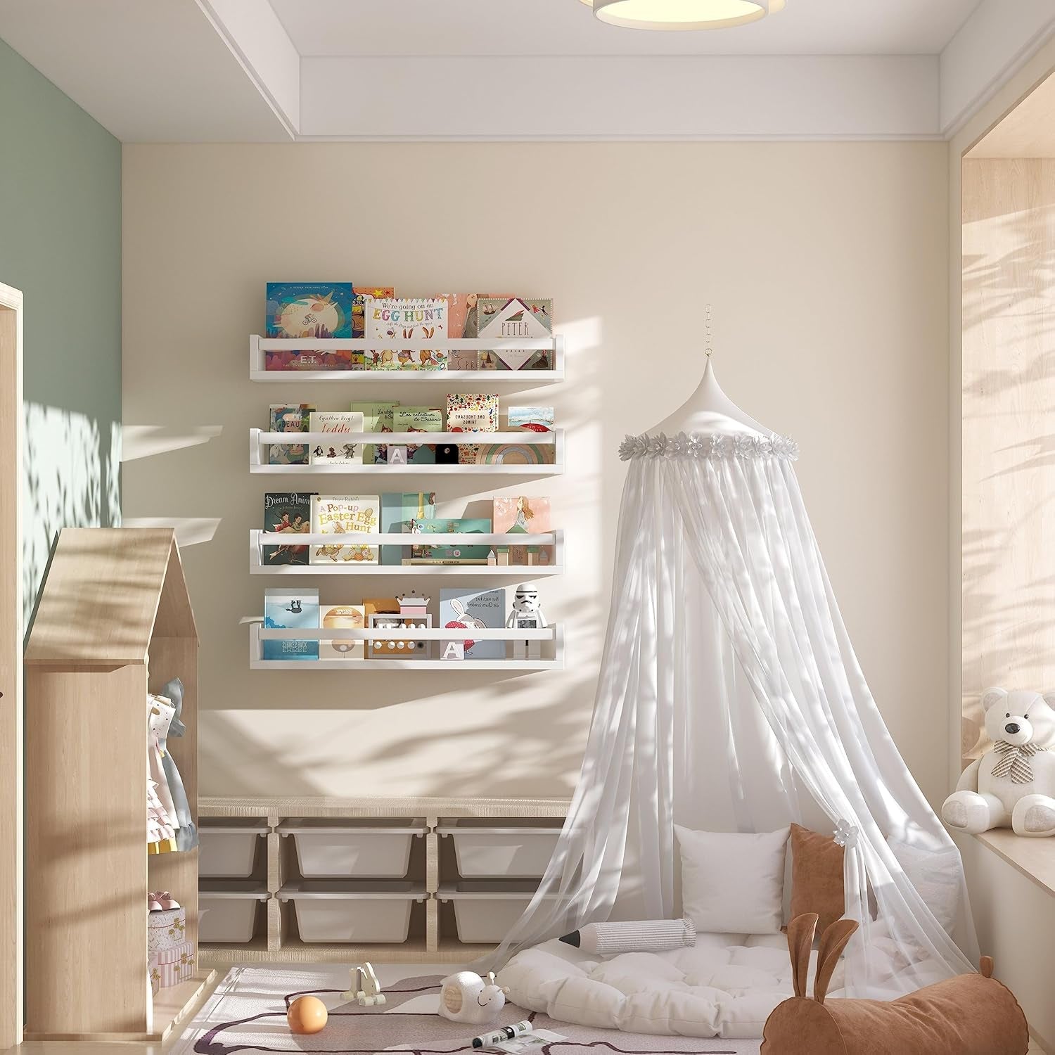 Set of 4 Wall-Mounted Kid'S Bookshelf - White Floating Nursery Book Shelves - Durable Wood Construction - Ideal for Nursery Decor, Kids Room, Toy Storage