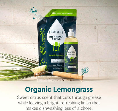 Natural Dish Soap Packs - Skin-Softening Plant-Based Dishwashing Soap, Non-Toxic Dish Soap, Organic Liquid Dishwashing Detergent Soap (Organic Lemongrass, 16 Fl Oz, 3 Pack)