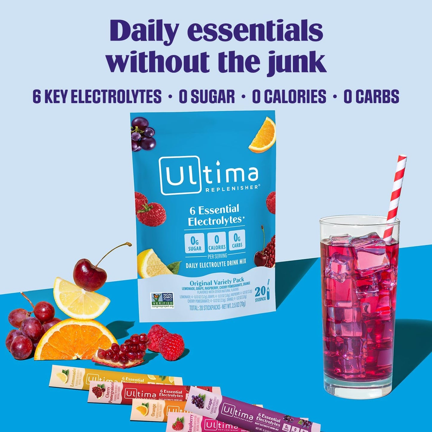 Revitalize Your Hydration with Daily Electrolyte Powder – Original Variety Pack | 20 Convenient Stickpacks of Zero Sugar Hydration with 6 Essential Electrolytes and Minerals | Perfectly Plant-Based, Keto Friendly Drink Mix