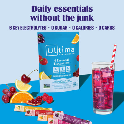 Revitalize Your Hydration with Daily Electrolyte Powder – Original Variety Pack | 20 Convenient Stickpacks of Zero Sugar Hydration with 6 Essential Electrolytes and Minerals | Perfectly Plant-Based, Keto Friendly Drink Mix