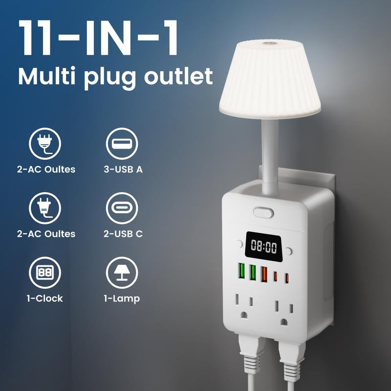 11-In-1 Multifunctional Power Strip with Desk Lamp & Digital Clock, Travel-Friendly Wall Outlet Extender with 4 AC Outlets, 3 USB & 2 USB-C Ports, One-Touch Switch, Overload Protection – Bedside Power Socket for Home, Dorm, Office