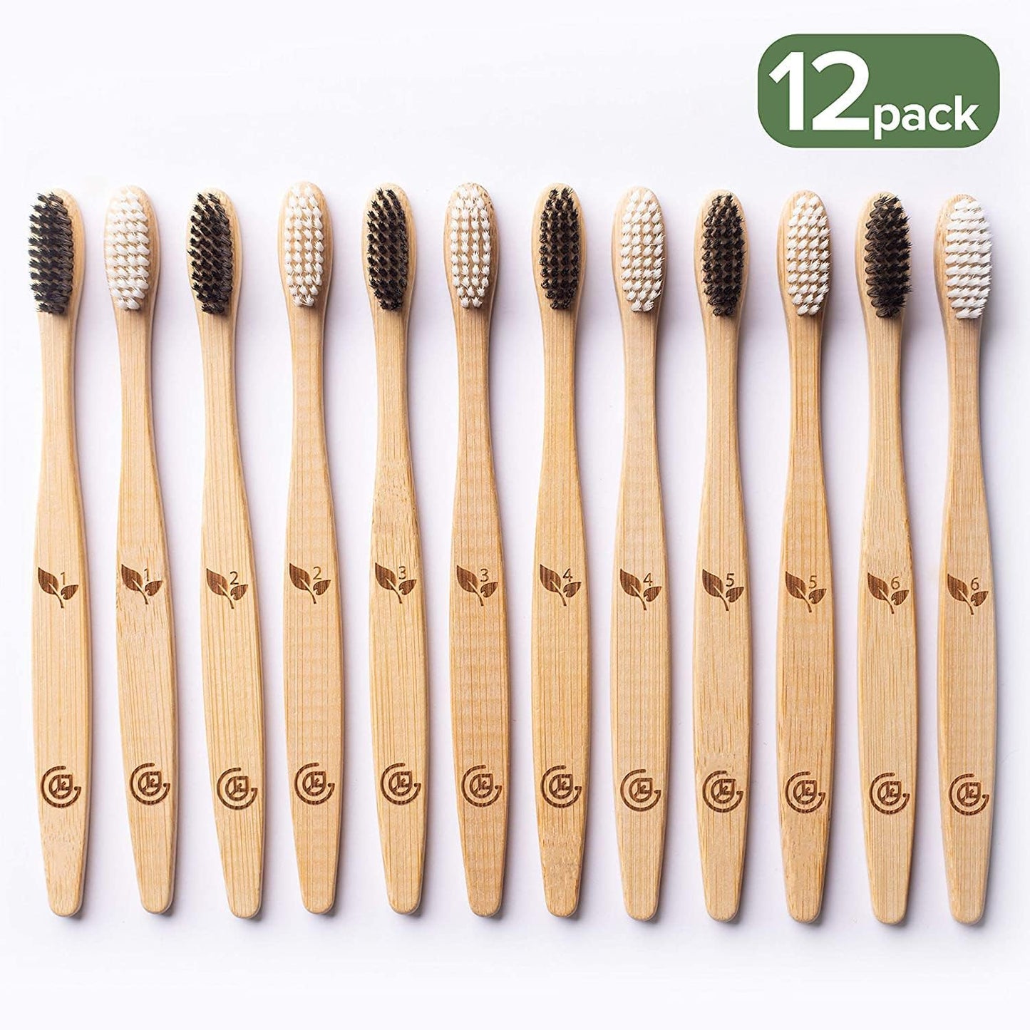 Bamboo Toothbrushes for Adults – 12 Pack Wooden Toothbrush Set with Charcoal-Infused Soft Bristles, Natural Oral Care for Daily Use