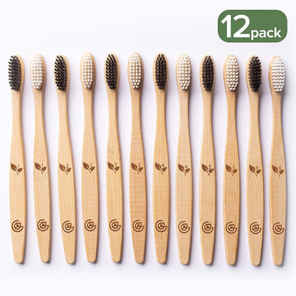 Bamboo Toothbrushes for Adults – 12 Pack Wooden Toothbrush Set with Charcoal-Infused Soft Bristles, Natural Oral Care for Daily Use