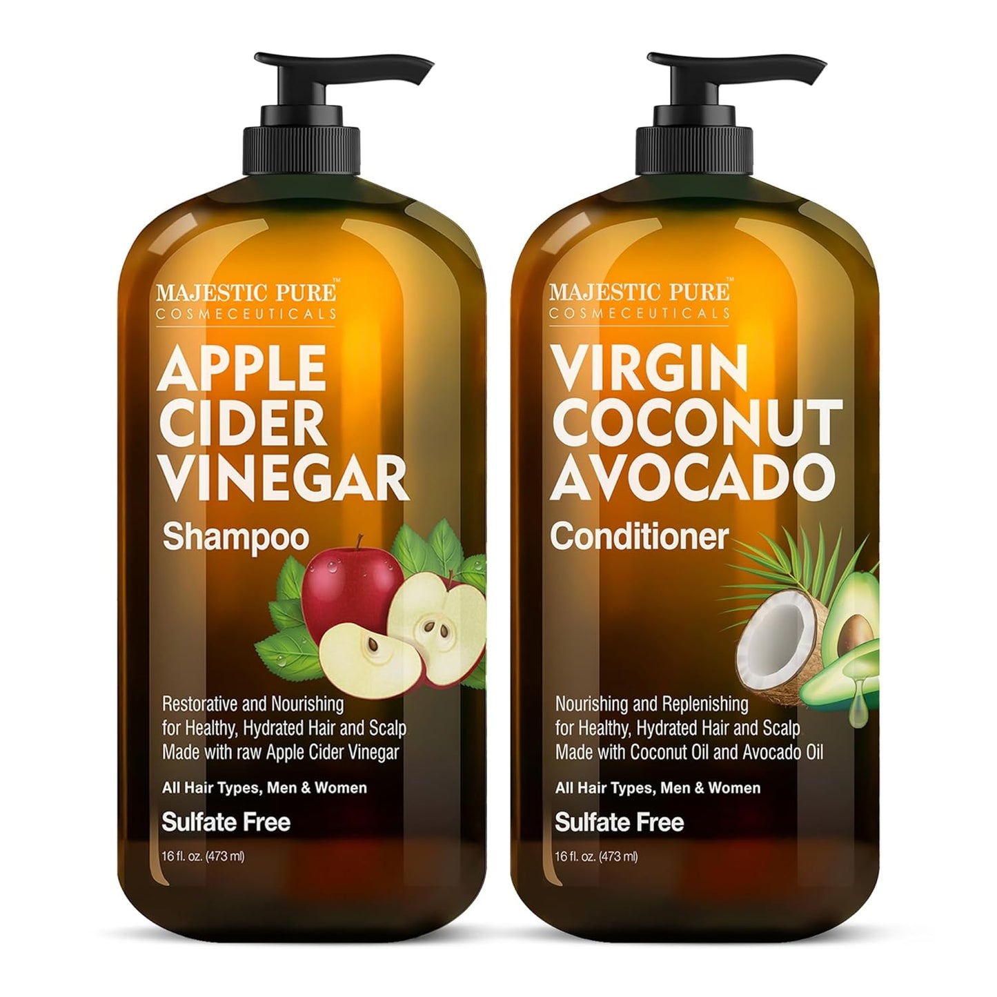 Apple Cider Vinegar Shampoo and Avocado Coconut Conditioner Set - Restores Shine & Reduces Itchy Scalp, Dandruff & Frizz - Sulfate Free, for All Hair Types, Men and Women - 2 X 16 Fl Oz