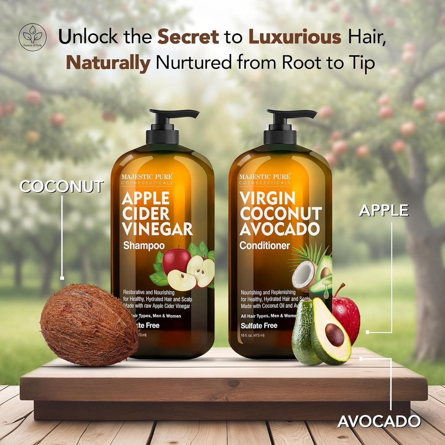 Apple Cider Vinegar Shampoo and Avocado Coconut Conditioner Set - Restores Shine & Reduces Itchy Scalp, Dandruff & Frizz - Sulfate Free, for All Hair Types, Men and Women - 2 X 16 Fl Oz