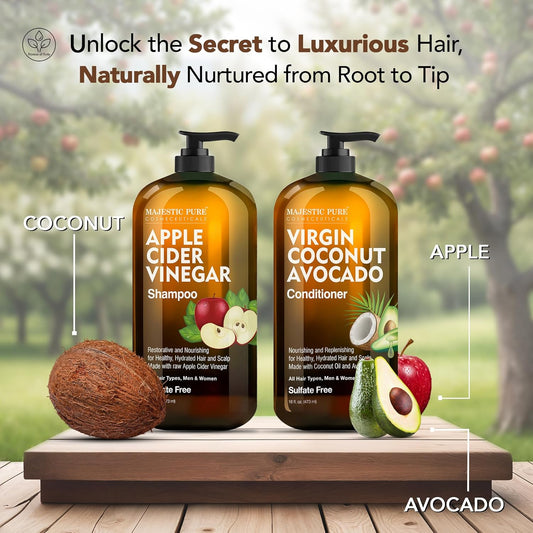 Apple Cider Vinegar Shampoo and Avocado Coconut Conditioner Set - Restores Shine & Reduces Itchy Scalp, Dandruff & Frizz - Sulfate Free, for All Hair Types, Men and Women - 2 X 16 Fl Oz