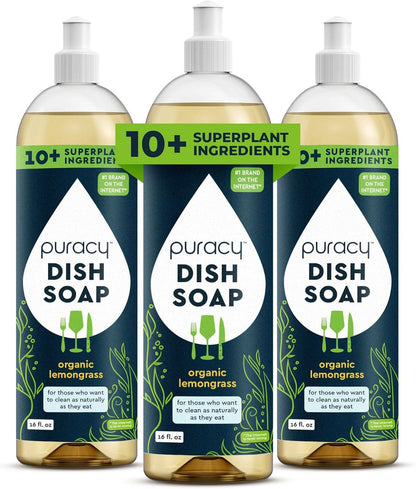 Natural Dish Soap Packs - Skin-Softening Plant-Based Dishwashing Soap, Non-Toxic Dish Soap, Organic Liquid Dishwashing Detergent Soap (Organic Lemongrass, 16 Fl Oz, 3 Pack)