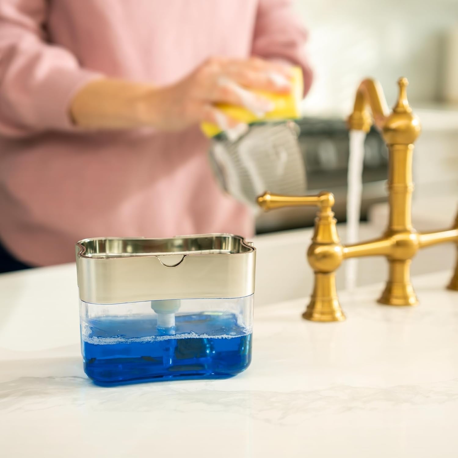 Dish Soap Dispenser and Sponge Holder for Kitchen Sink, Sponge Included, 13 Ounces, Metallic Silver