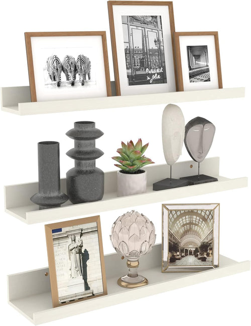 24 Inch Floating Shelves Wall Mounted Set of 3, Rustic Wooden Picture Ledge Shelf for Living Room Bathroom Bedroom Kitchen Office, Creamy White