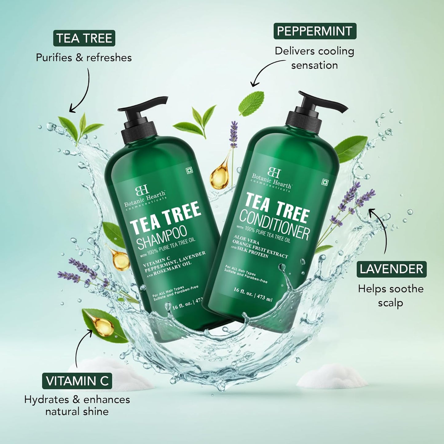 Tea Tree Shampoo and Conditioner Set | with 100% Pure Tea Tree Oil, for Itchy and Dry Scalp, Sulfate/Paraben Free | for Men and Women | 16 Fl Oz Each