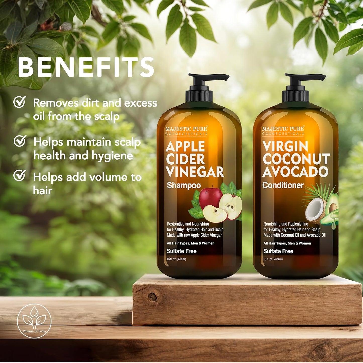 Apple Cider Vinegar Shampoo and Avocado Coconut Conditioner Set - Restores Shine & Reduces Itchy Scalp, Dandruff & Frizz - Sulfate Free, for All Hair Types, Men and Women - 2 X 16 Fl Oz